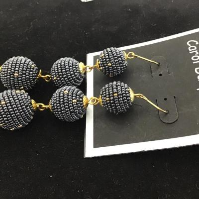 Large Dangle Earrings. Charcoal Glass Bead with Gold Accents