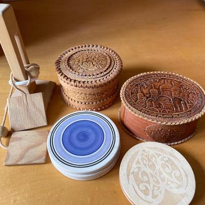 L70- Carved birch bark trinket boxes, coasters & toy
