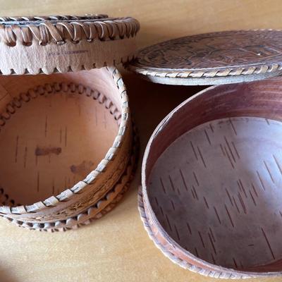 L70- Carved birch bark trinket boxes, coasters & toy