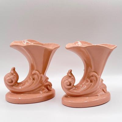 Pair (2) Vtg. Mauve Cornucopia Porcelain Vases