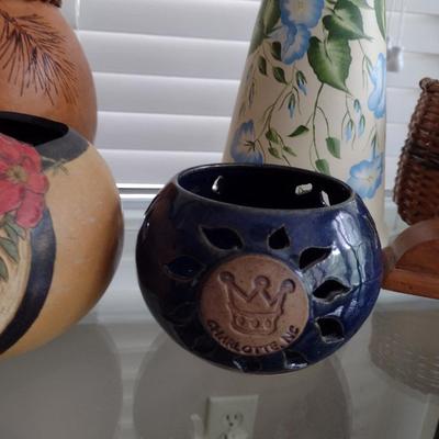 Collection of Home Decor- Carved Gourds, Candle Holder, Clock, etc