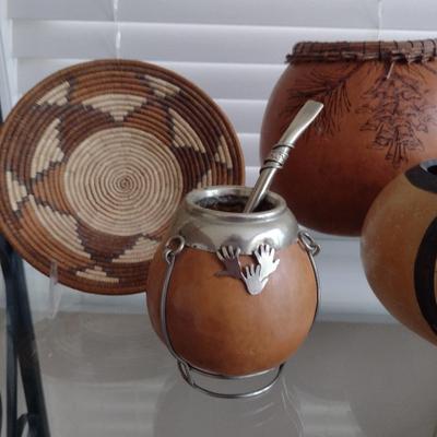 Collection of Home Decor- Carved Gourds, Candle Holder, Clock, etc