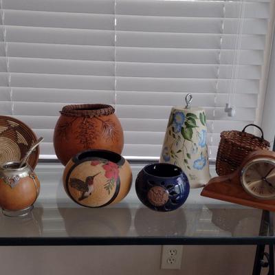 Collection of Home Decor- Carved Gourds, Candle Holder, Clock, etc