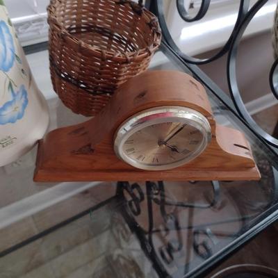 Collection of Home Decor- Carved Gourds, Candle Holder, Clock, etc