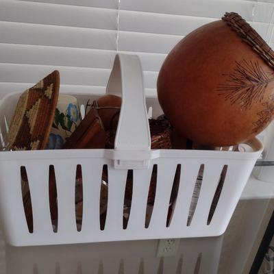 Collection of Home Decor- Carved Gourds, Candle Holder, Clock, etc
