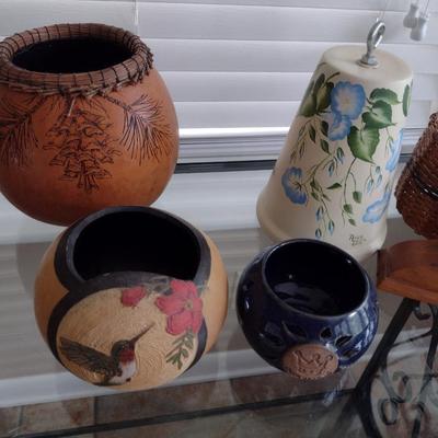 Collection of Home Decor- Carved Gourds, Candle Holder, Clock, etc