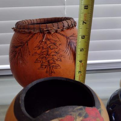 Collection of Home Decor- Carved Gourds, Candle Holder, Clock, etc