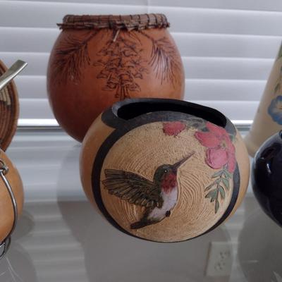 Collection of Home Decor- Carved Gourds, Candle Holder, Clock, etc