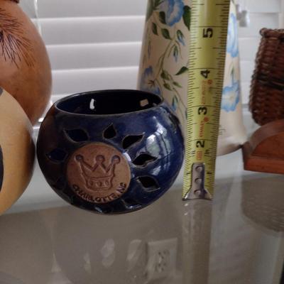 Collection of Home Decor- Carved Gourds, Candle Holder, Clock, etc