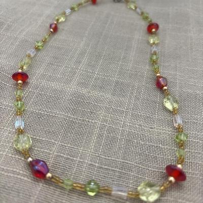 Yellow, Gold tone, Clear and Burgundy Beaded Necklace