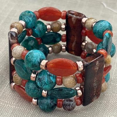 3 layers blue, orange, brown stretchy beaded bracelet