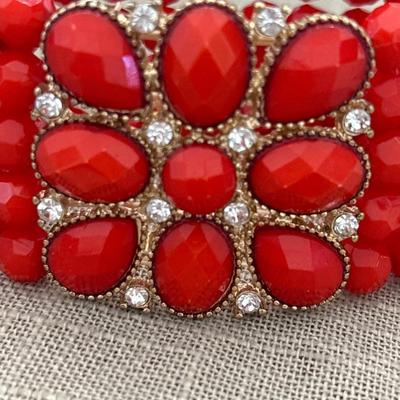 Red beaded and red gem 3 layer stretchy bracelet
