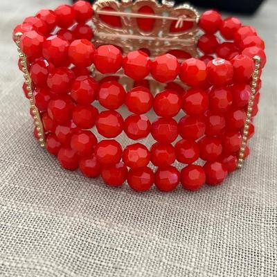 Red beaded and red gem 3 layer stretchy bracelet
