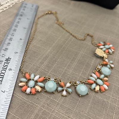 Statement Necklace Pale Blue, Pink, White, Clear Gems Gold Tone Vintage