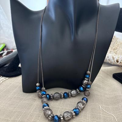 Blue and silver tone beaded necklace