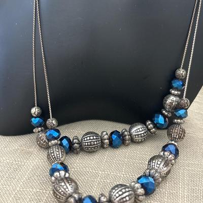 Blue and silver tone beaded necklace
