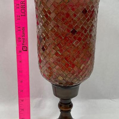 Candle Holder Mosaic Iridescent Red Glass Globe on bronze colored metal base