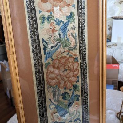 Vintage Set of 2 Silk Fabric Art Embroidered Bamboo Framed