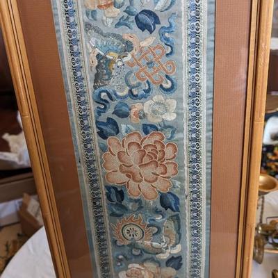 Vintage Set of 2 Silk Fabric Art Embroidered Bamboo Framed