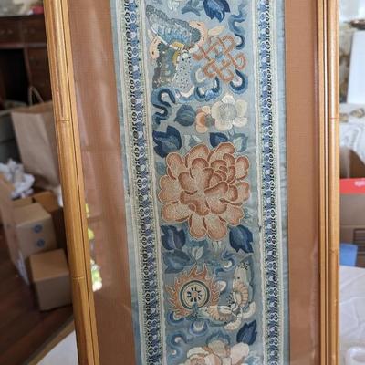 Vintage Set of 2 Silk Fabric Art Embroidered Bamboo Framed