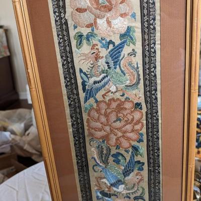 Vintage Set of 2 Silk Fabric Art Embroidered Bamboo Framed