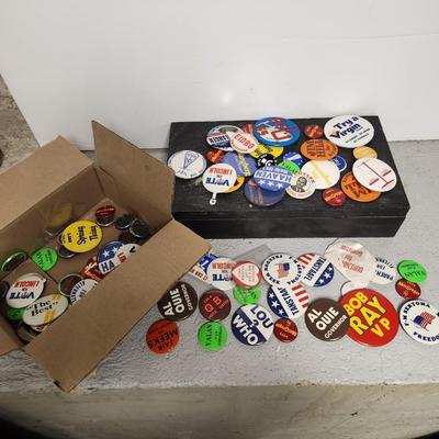 Box of vintage political pins