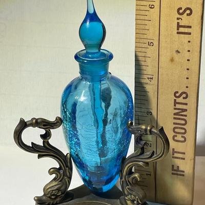 Vintage Hand Blown Crackled Blue Glass Perfume Bottle w/Stopper & Stand as Pictured.