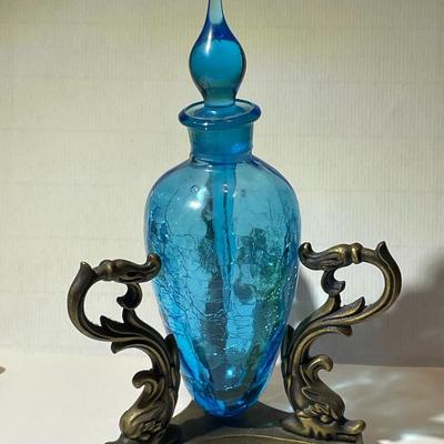 Vintage Hand Blown Crackled Blue Glass Perfume Bottle w/Stopper & Stand as Pictured.