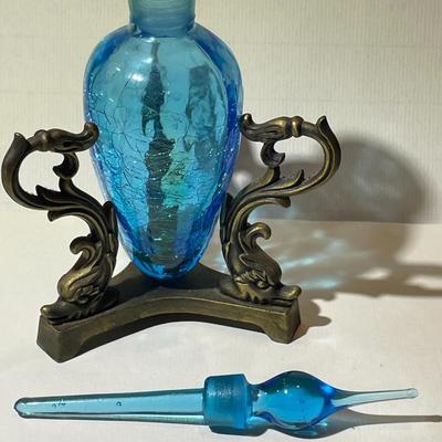 Vintage Hand Blown Crackled Blue Glass Perfume Bottle w/Stopper & Stand as Pictured.