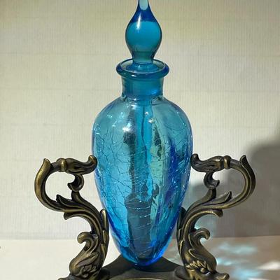 Vintage Hand Blown Crackled Blue Glass Perfume Bottle w/Stopper & Stand as Pictured.