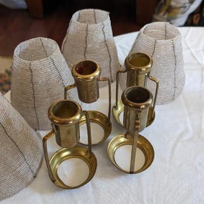 Set of 4 Brass Candle Shade Holders with Beaded Shades