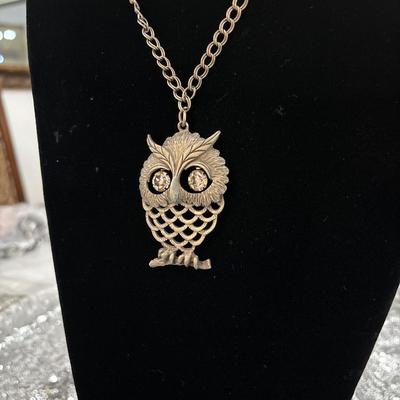 Silver, toned, owl pendant, diamond eyes, silver tone chain