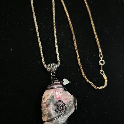 Wire wrapped gemstone, long chain necklace