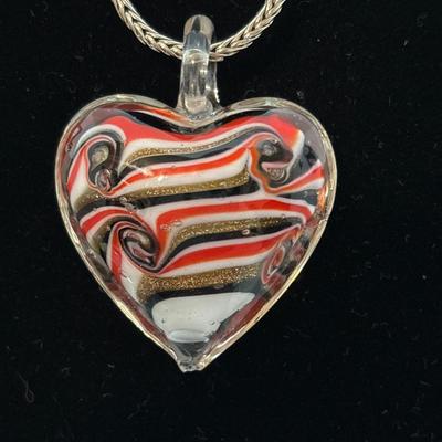 Handblown, glass, heart, pendant, silver, toned chain necklace