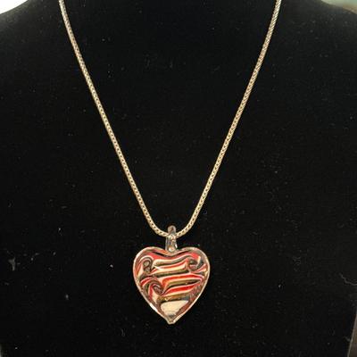 Handblown, glass, heart, pendant, silver, toned chain necklace