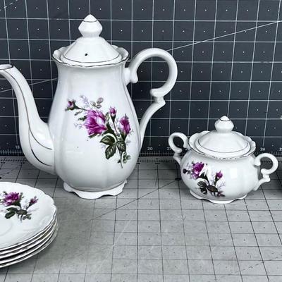 Porcelain China Coffee Pot, Saucers with Cream & Sugar