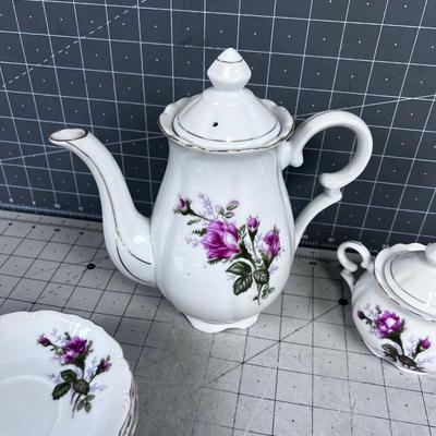 Porcelain China Coffee Pot, Saucers with Cream & Sugar