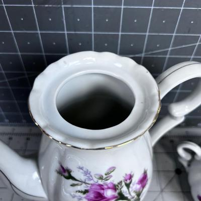 Porcelain China Coffee Pot, Saucers with Cream & Sugar