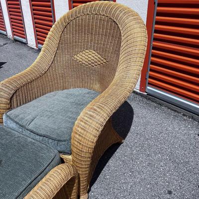 2 Piece Wicker Chair with Ottoman and Light Green Cushions 