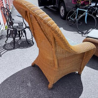 2 Piece Wicker Chair with Ottoman and Light Green Cushions 