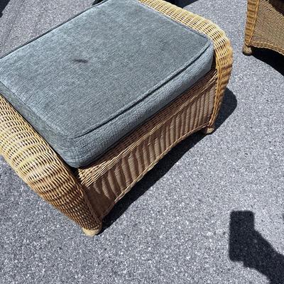 2 Piece Wicker Chair with Ottoman and Light Green Cushions 