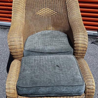 2 Piece Wicker Chair with Ottoman and Light Green Cushions 