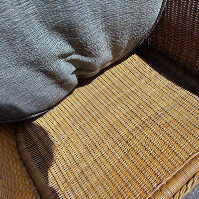 2 Piece Wicker Chair with Ottoman and Light Green Cushions 