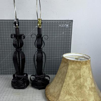 Pair of Iron Table Lamps with Faux Leather Shades 