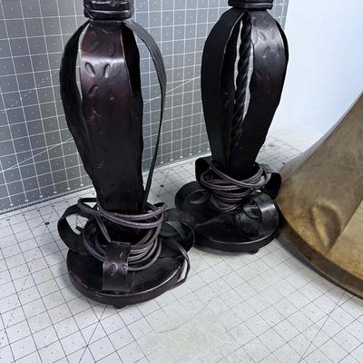 Pair of Iron Table Lamps with Faux Leather Shades 