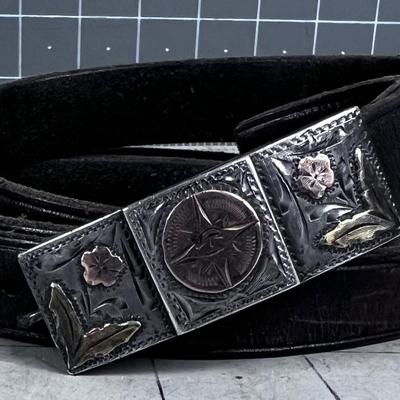 Belt with Rosettes & Compass Sterling Silver Buckle Gold Overlay 