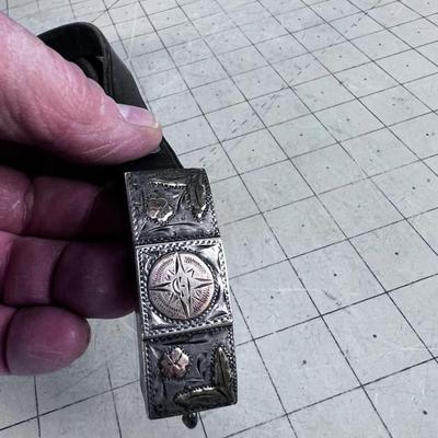 Belt with Rosettes & Compass Sterling Silver Buckle Gold Overlay 