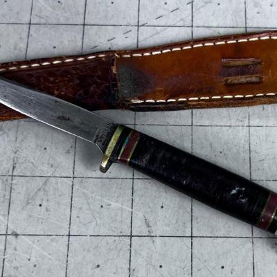 Western Stacked Leather Fixed Blade Knife with Scabbard 