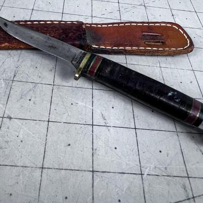 Western Stacked Leather Fixed Blade Knife with Scabbard 