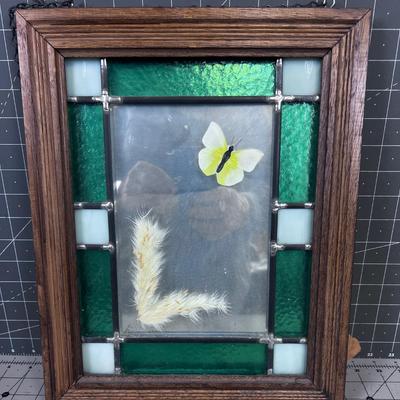 Leaded Glass Window Pane and Mirrored Back Butter Fly and Flower 